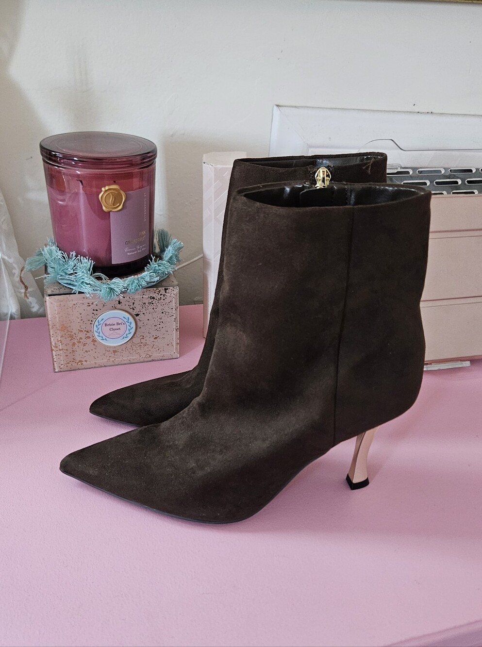 New Nine West Women's Pointed Toe Suede Ankle Boots in Dark Brown Size 7.5
